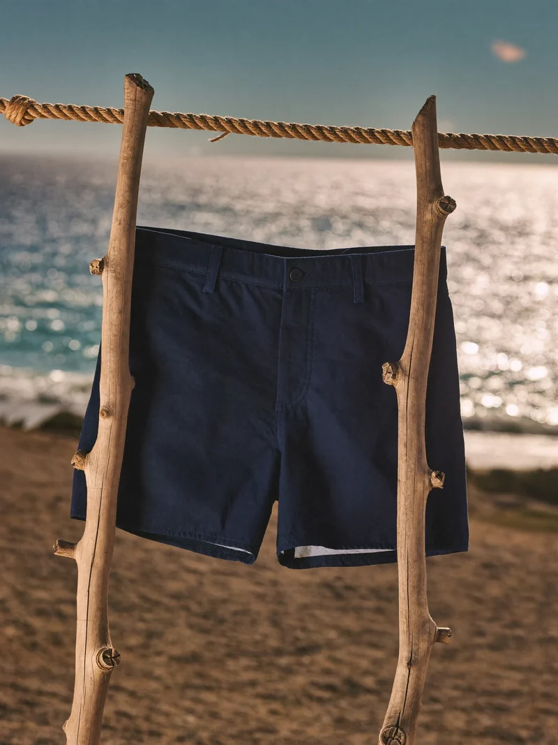 Marineblå badeshorts hængt op på et rebsnor mellem træpæle med havet bagved